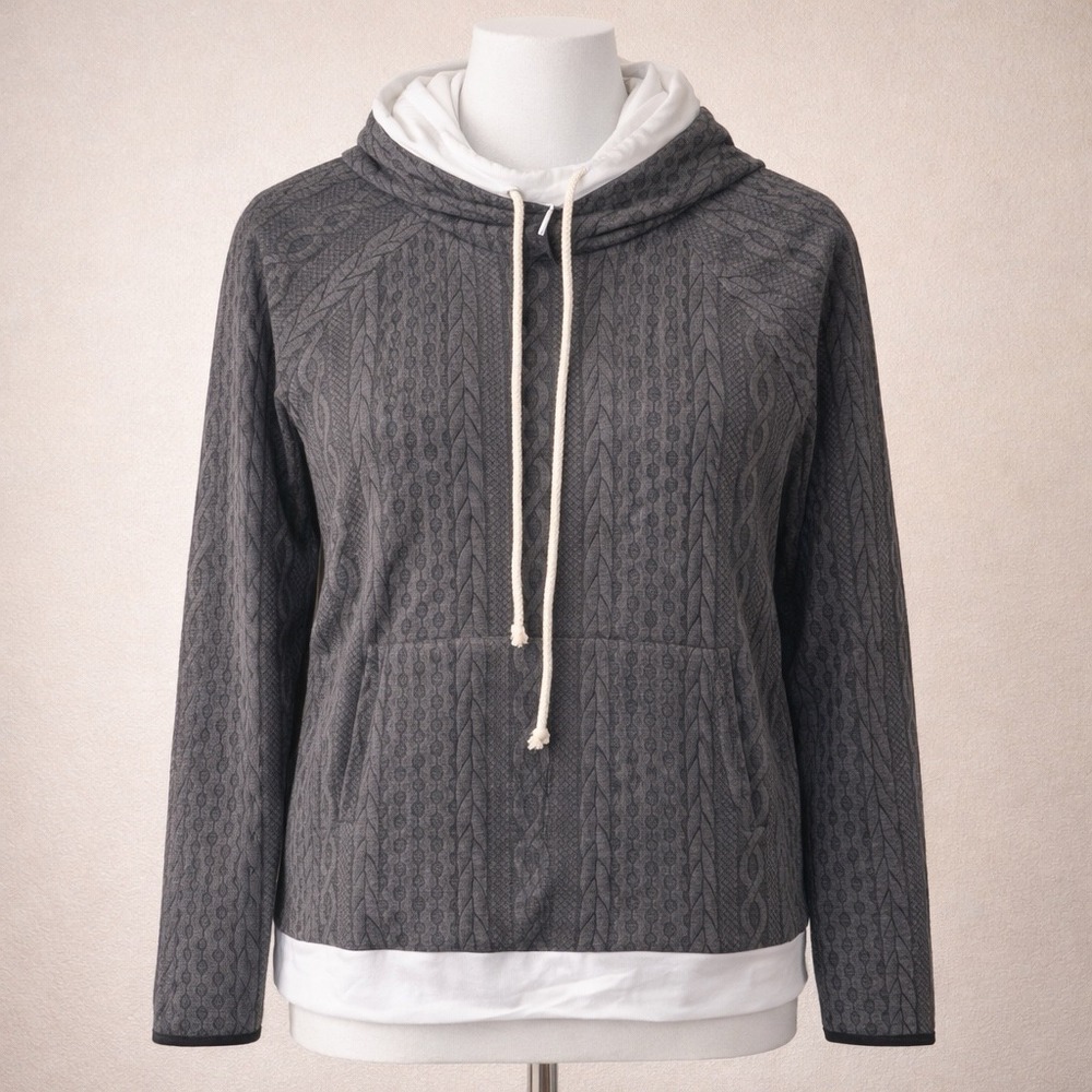 ANDTHEWHY Womens Charcoal Grey Cable Knit Textured Layered Hoodie Sweatshirt S
